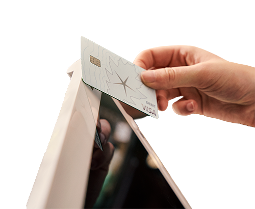 A customer tapping an OakStar Bank Visa debit card for a purchase.